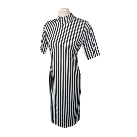 Black & White Vertical Striped Prisoner Jail Costume Dress With High Neck Short - Picture 2 of 10